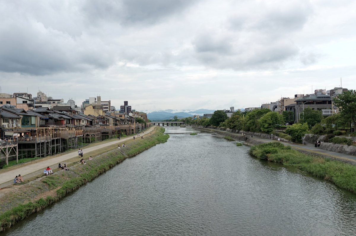 The Kamo river running through central Kyoto at dusk